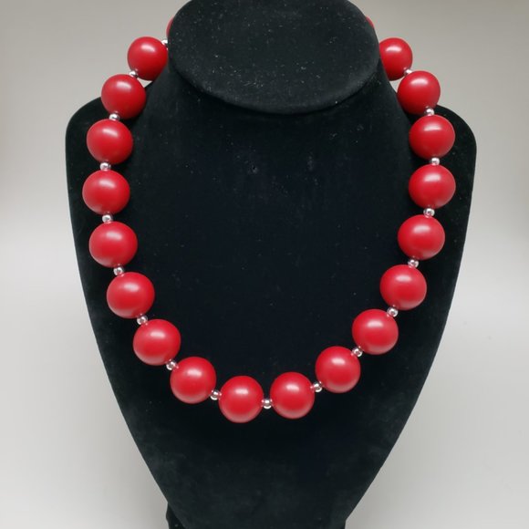 Jewelry - Silver-tone and Red Plastic Beads statement Necklace